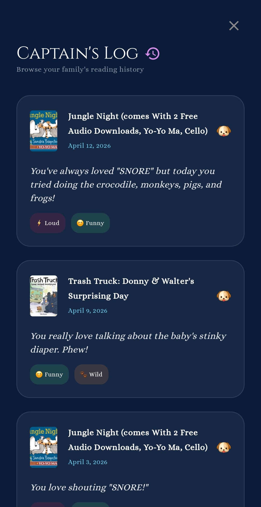 Captain's Log screen browsing the family's reading history with mood tags.